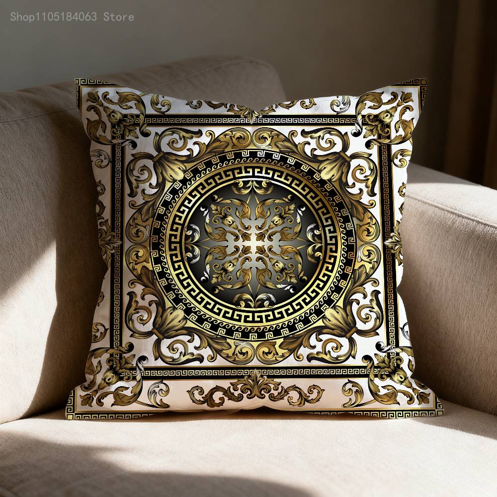 Greek Key Golden Baroque Style Pillow Case Print Polyester Fiber 40X40 Cm Home Sofa Throw Cushion Cover Decoration