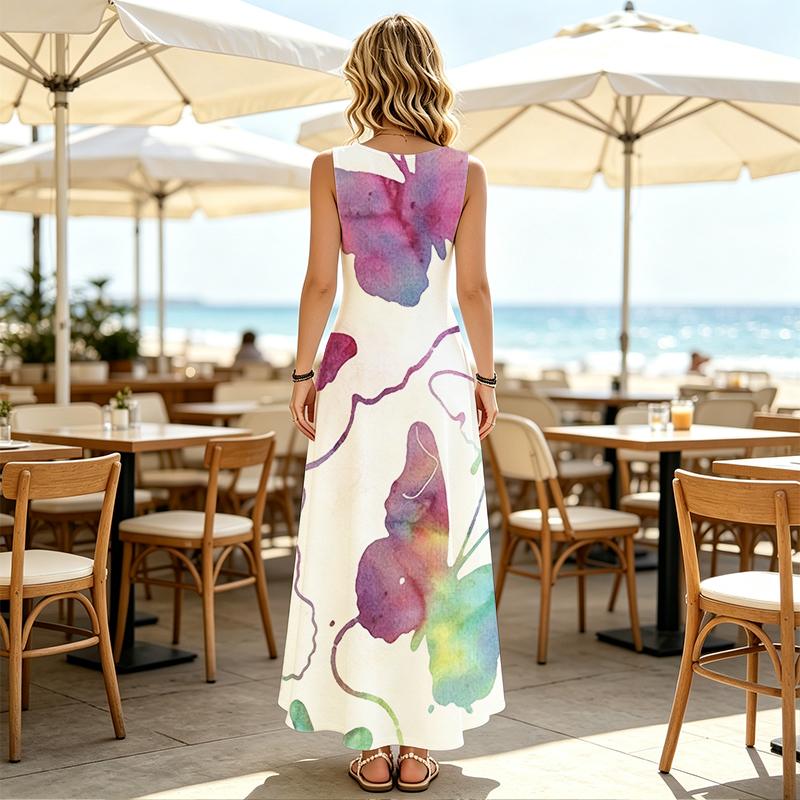 Summer Beach Maxi Dress,Sleeveless Tank Dress Butterfly Collection Watercolor Style,Soft Loose Fit,Fashion Versatile,Ideal for Vacation,Daily Outings