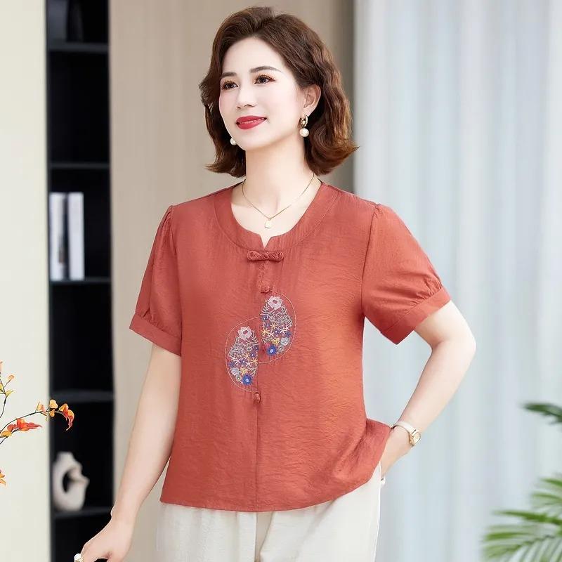 Middle-Aged Women's Purple V-Neck Short Sleeve Blouse Chinese Knot Button Floral Embroidered Comfortable Casual Summer Mom Shirt
