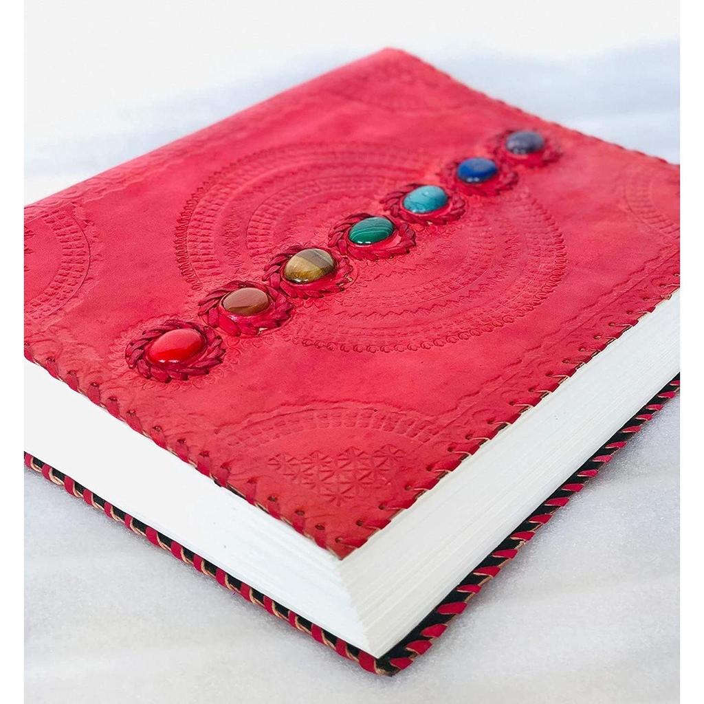 Fat Leather 600 Pages Journal Large Seven Stone Leather Notebook Journal  Blank Handmade Book Sketchbook Everyday Use (Lined Pages, Red)