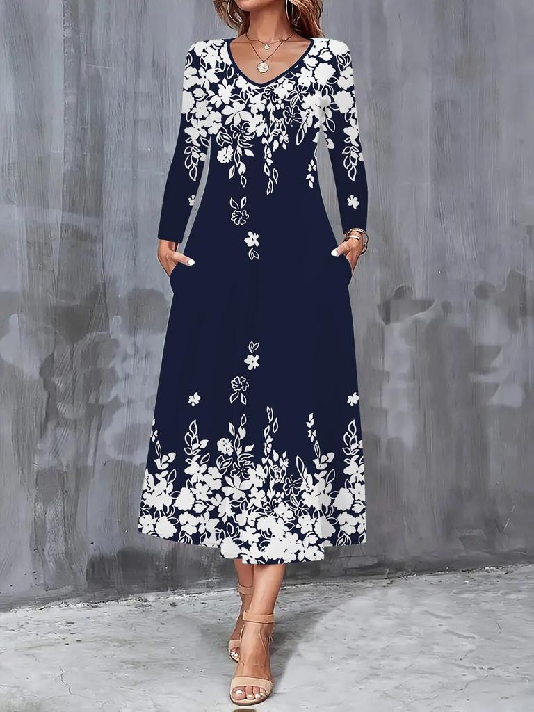 2025 Herbst und Winter Neue Damen Casual Mode Kleid Herbst 3D Blumenmuster Langarm V-Ausschnitt A-Linien Kleider
