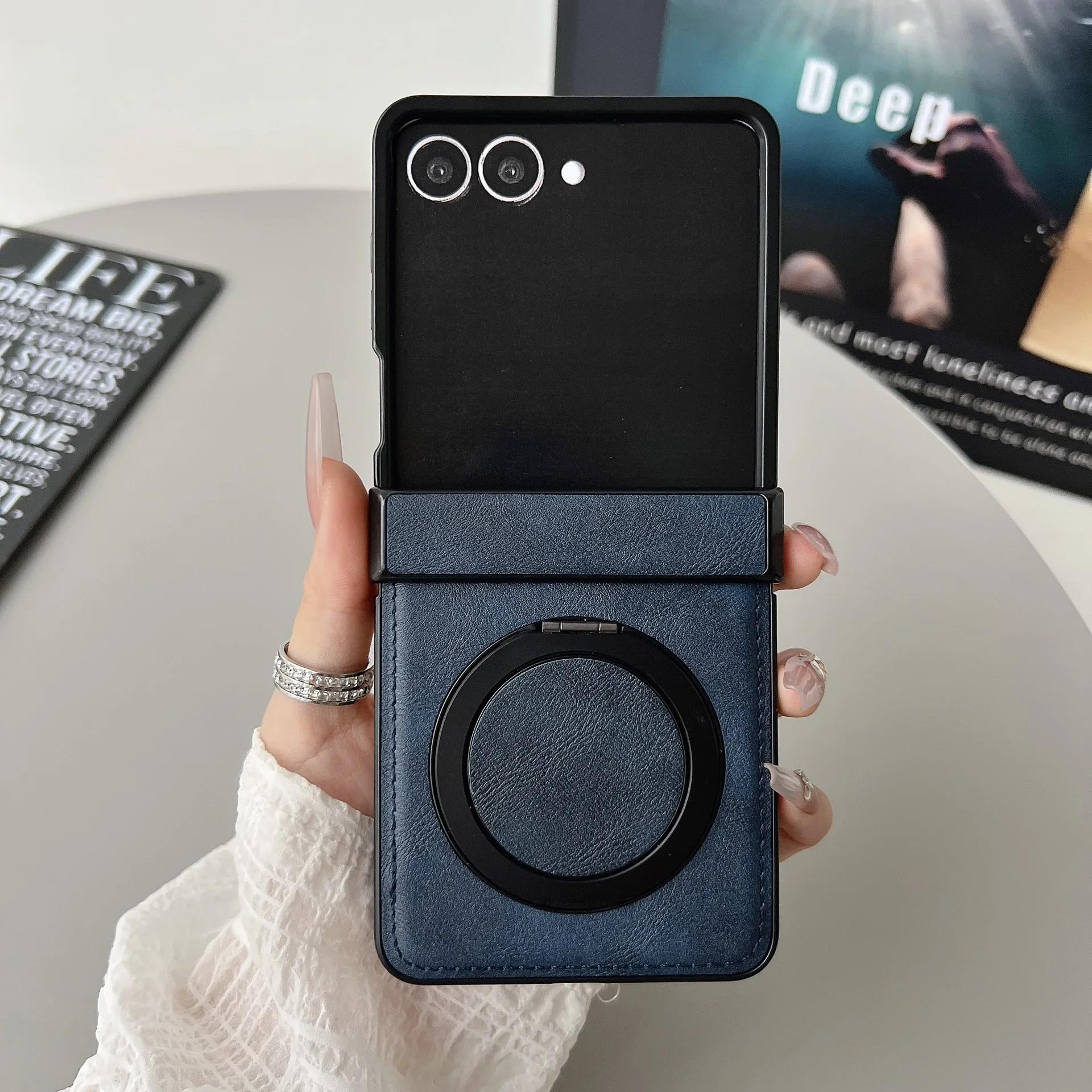 

Magnetic Leather Phone Case For Samsung Galaxy Z Flip 7 FE 6 5 4 3 Flip7 Flip6 Flip5 5G Ring Holder Hinge Protective Cover Galaxy Z Flip6 темно-синього кольору