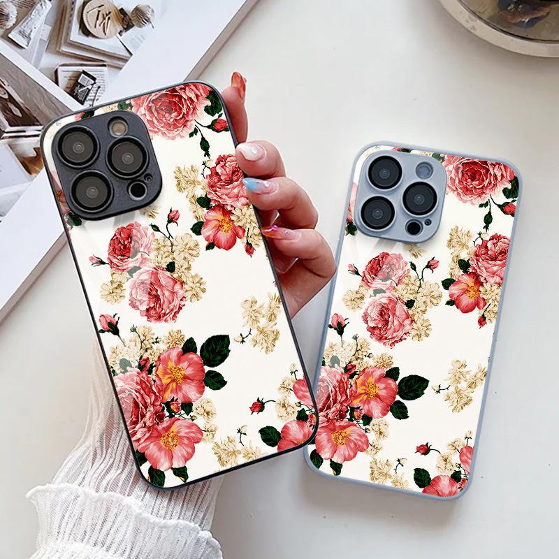 Applicable iPhone17ProMax Spring Flowers Metallic Lacquer Glass Mobile Phone Protective Case 17 All Inclusive 15 Fine Holes 16