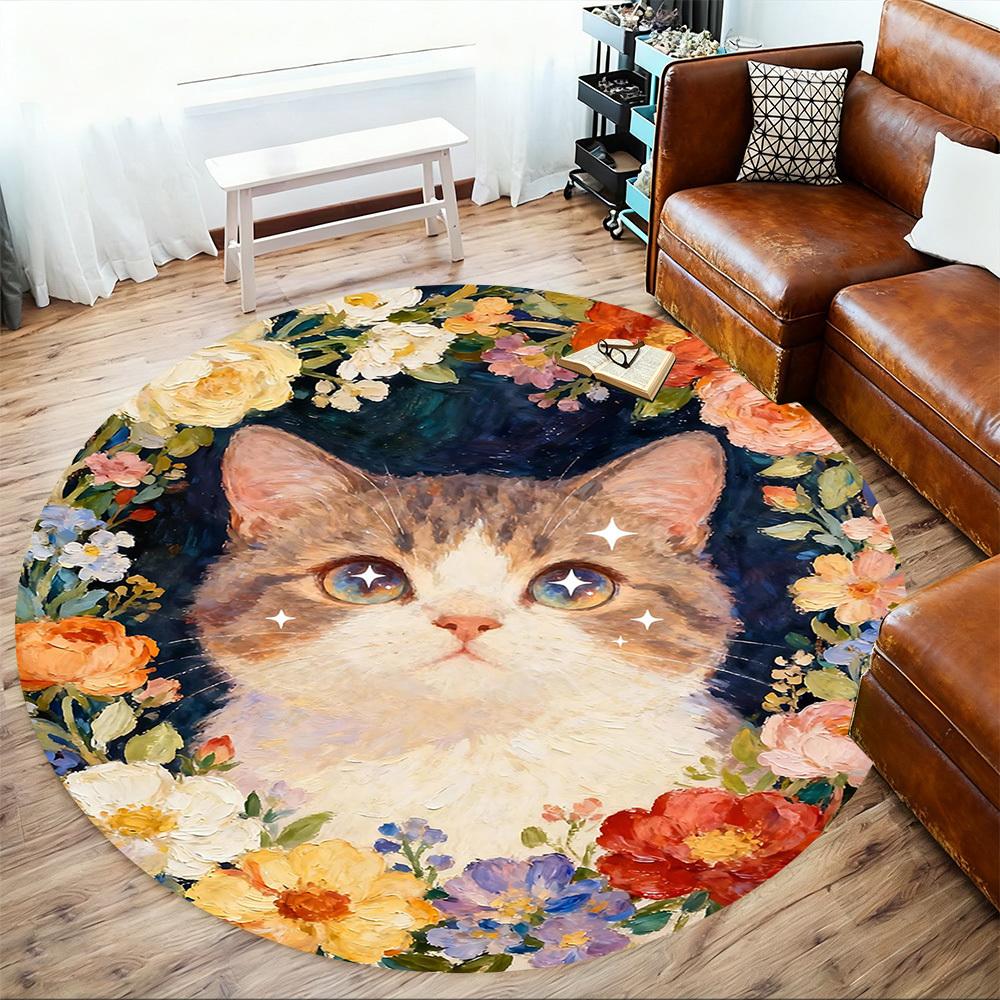 1pc cat flowers Round Chair mat office Area Rug - Non-Slip, Floor Mat for Office, Bedroom, and Indoor Decor p127027