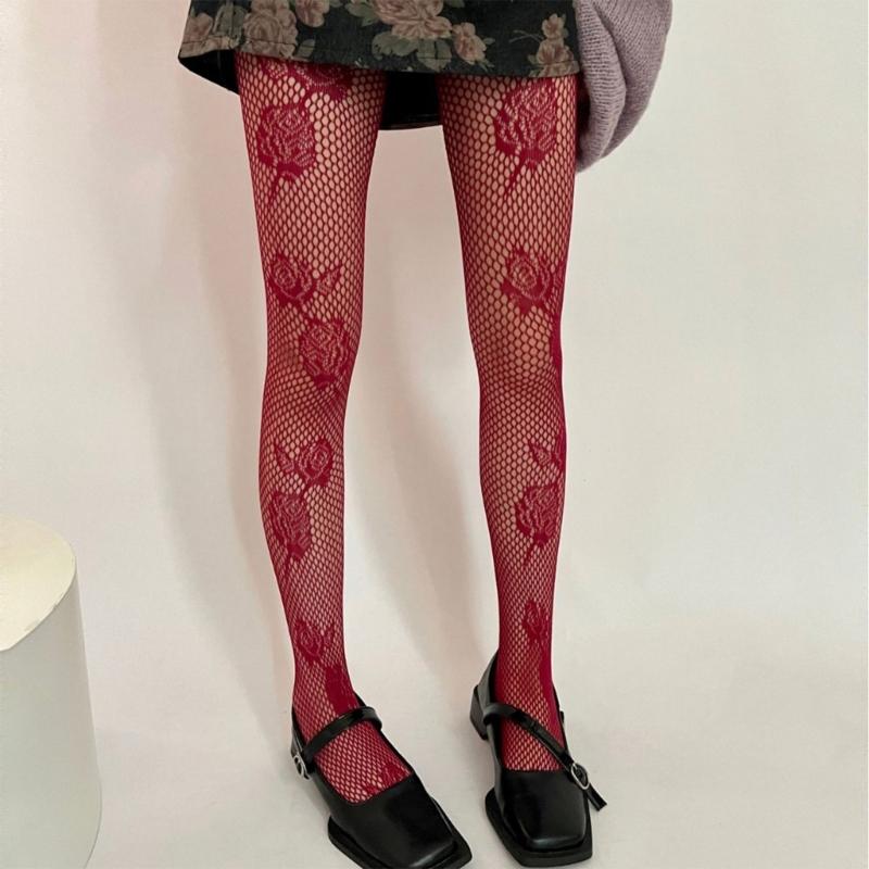 Women Aesthetic Flower Mesh Pantyhose Hosiery Vintage Peony Patterned Hollowed Out Fishnet Tights Stockings for Parties