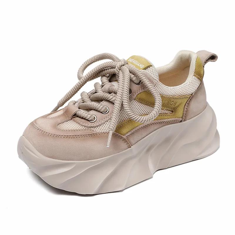 Fashion 5.5CM Women Mixed Colors Genuine Leather Spring Casual Sneakers Lace-Up Air Mesh Thick Sole Wedges College Style Platform Shoes