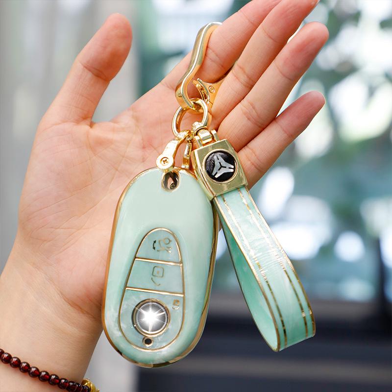 Mercedes-Benz Key Case for C260, LC200L, S400 Maybach, EQE, GLC with Gold Inlaid Jade Shell