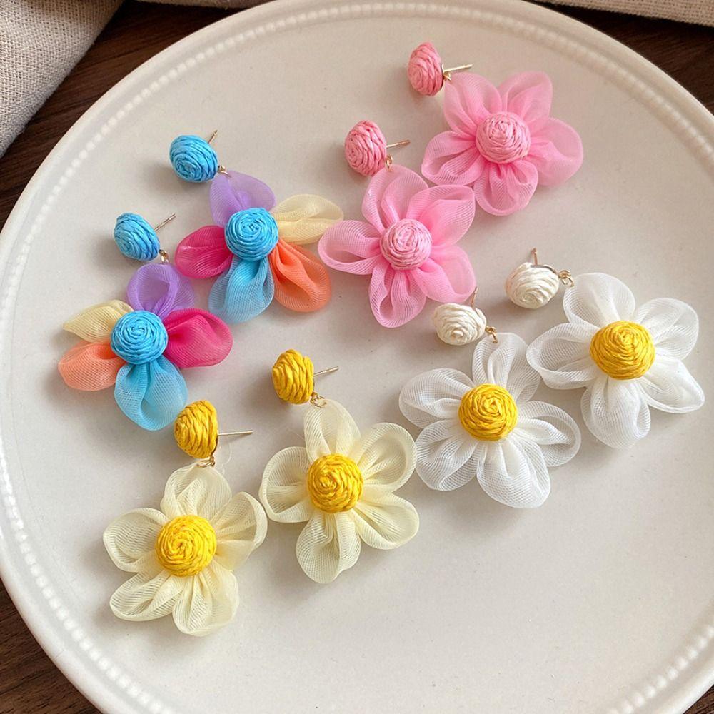 Sunflower Multi-colored Ear Accessories Raffia Flower Ear Drop Handmade Wood Drop Earrings  Daily