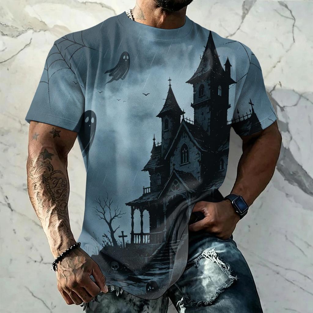 Men Halloween Print Vintage Texture Short Sleeve T Shirt Loose Breathable Summer Sport Street Casual Daily Wear Top