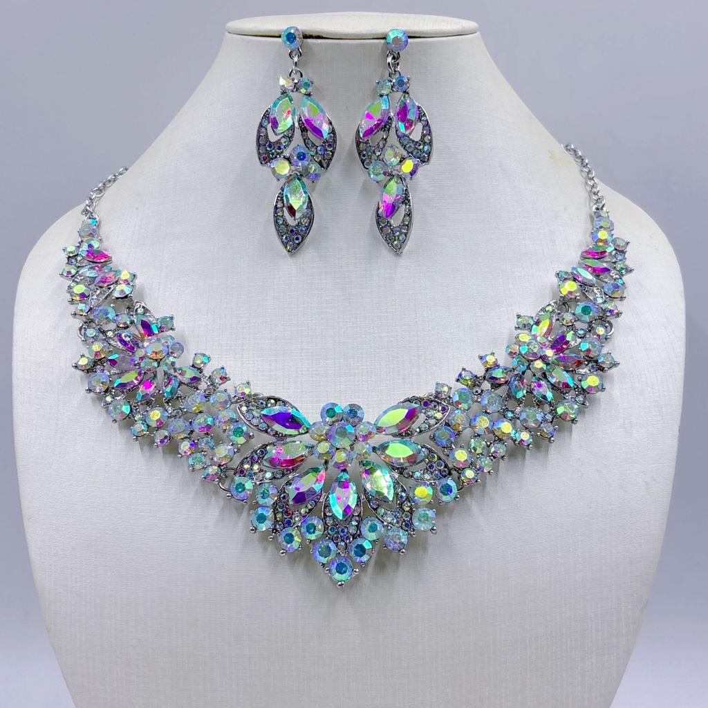 Bridal Necklace Earrings Wedding Dress Full of Diamonds Flowers Two Pieces Crystal Full Diamond Temperament Jewelry Accessory Set