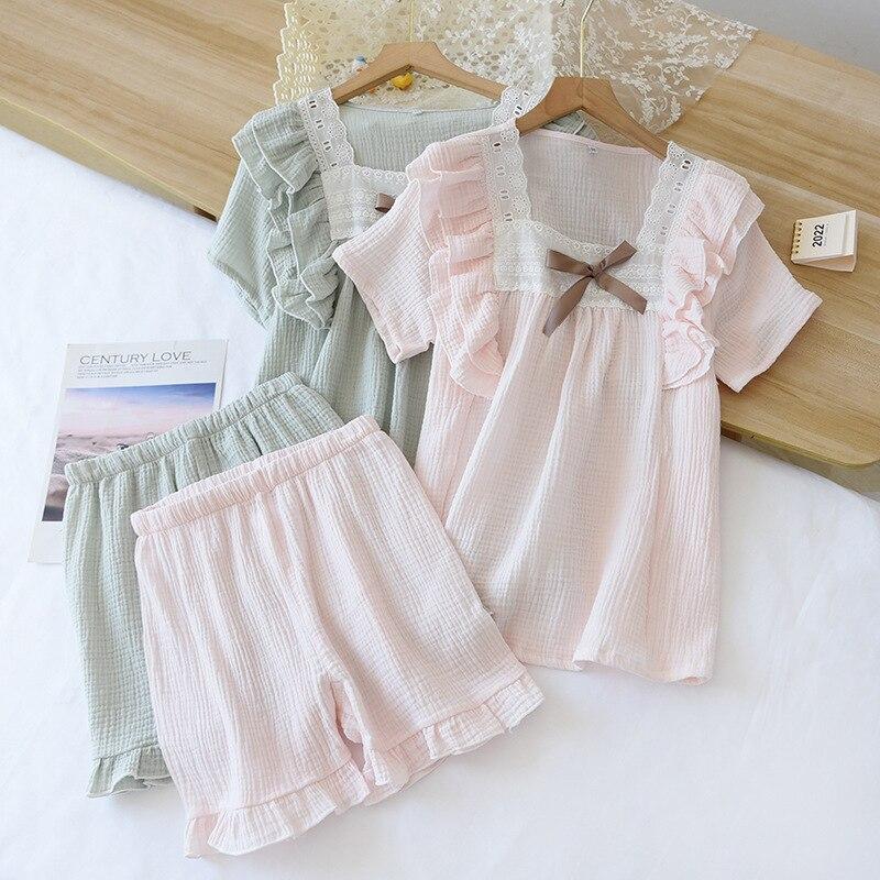 Summer New Short-sleeved Shorts Ladies Pajamas Set 100% Cotton Crepe Solid Color Fresh Home Clothes Two-piece Set