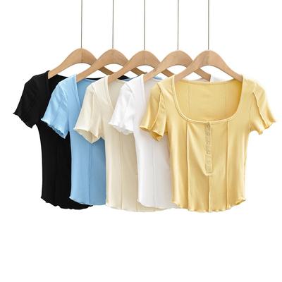 Round Neck Solid Color Threaded Short Sleeved Trendy European And American Style Women'S Clothing New Tight Fitting T-Shirt Top