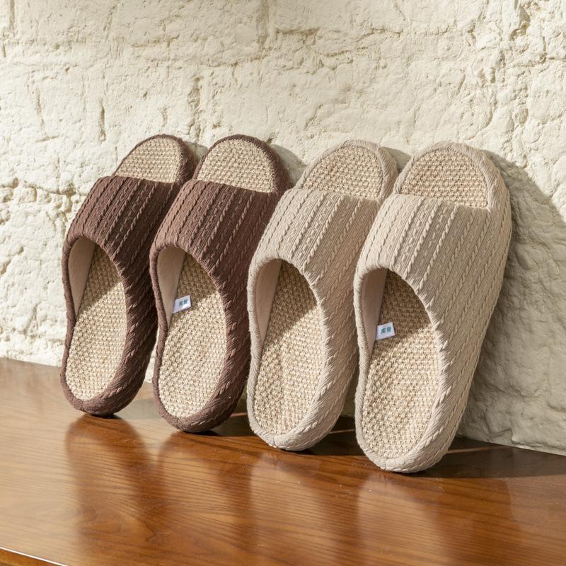 Mingsheng Japanese Light Luxury Linen Slippers Indoor Home Sweat-absorbing Breathable Couple Four-season Slippers Floor Non-slip