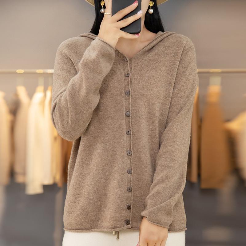 Frühling Herbst Einreiher Strick Cardigan Damen Mit Kapuze Einfarbig Pullover Mantel Locker Schlank Lässig Vielseitig Langarm Strickware