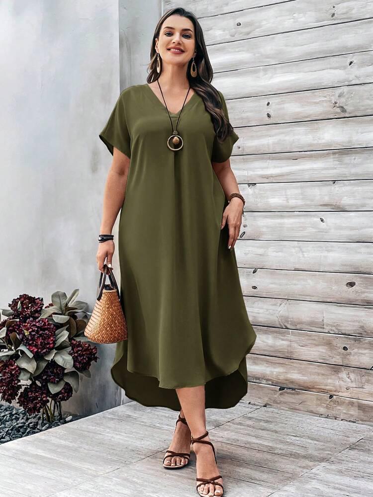 

Plus Size Women s Fashion Casual V-neck Dress - In Stock for 2026 Spring/Summer Season 1XL зелений