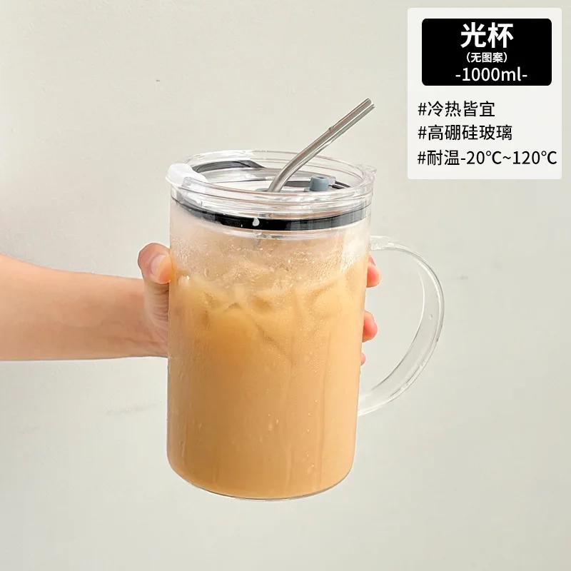 1-liter Large Capacity Coffee Glass Cup with Lid and Straw for Drinking Water In The Office During Summer
