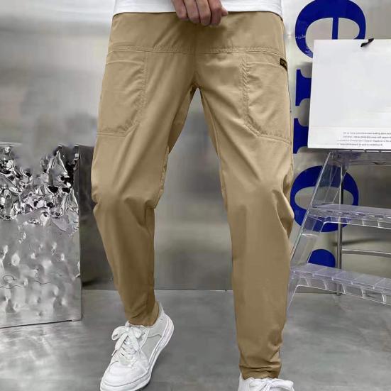 Men Pants Elastic Waist Multiple Pockets High Elasticity Letter Embroidery Ankle Length Daily Wear Solid Color Slim Fit Ice Silk