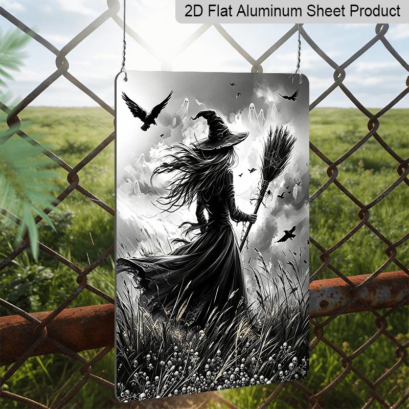 2D Flat, 1pc Gothic Witch Broomstick Black Crow Aluminum Halloween Sign, Halloween Wall Decor for Haunted House, Party, Home, Bathroom - Spooky