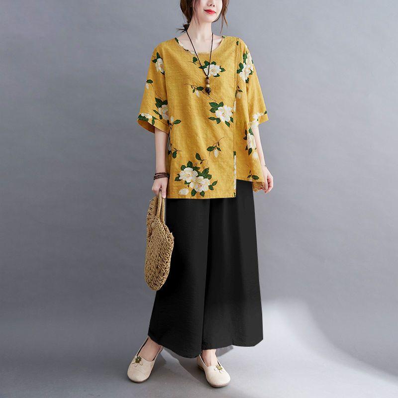 Móda pro matky středního věku Letní bavlněný a lněný oblek Letní luxusní nadměrná velikost Dvoudílný set s krátkým rukávem Tričko s krátkým rukávem + Kalhoty se širokými nohavicemi