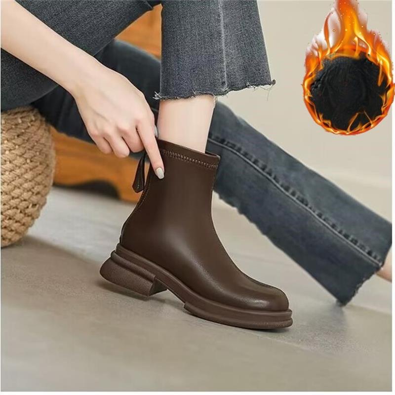 

Soft Leather Shoes with Fleece Thick-soled Boots, Women s Height-increasing Cotton Ankle Boots, and Chunk-heeled Boots 40 коричневий