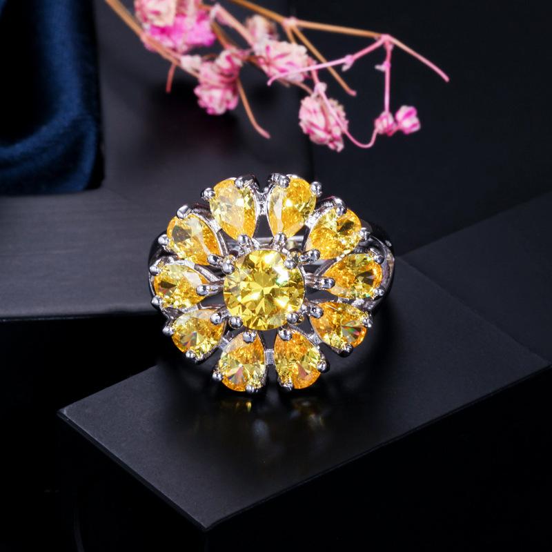 J0103 Atmospheric Exquisite Flower Women'S Hand Jewelry Aaa Zircon Ring Multi-Color Optional