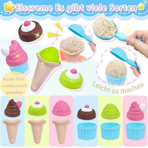 Eisständer Ice Cream Sand Toy Set, Kids Beach Toys for Ages 3+, Outdoor Role Play with Shovel, Cones & Cake Molds