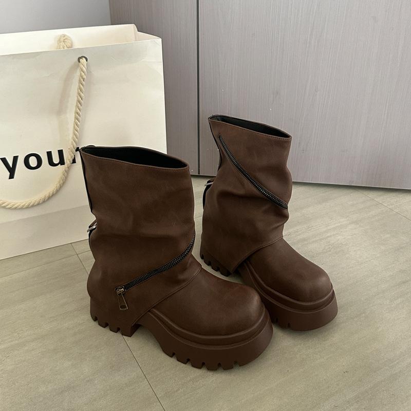 Small thick-soled Martin boots women's 2025 new autumn retro brown boots super fire trousers stacked short boots