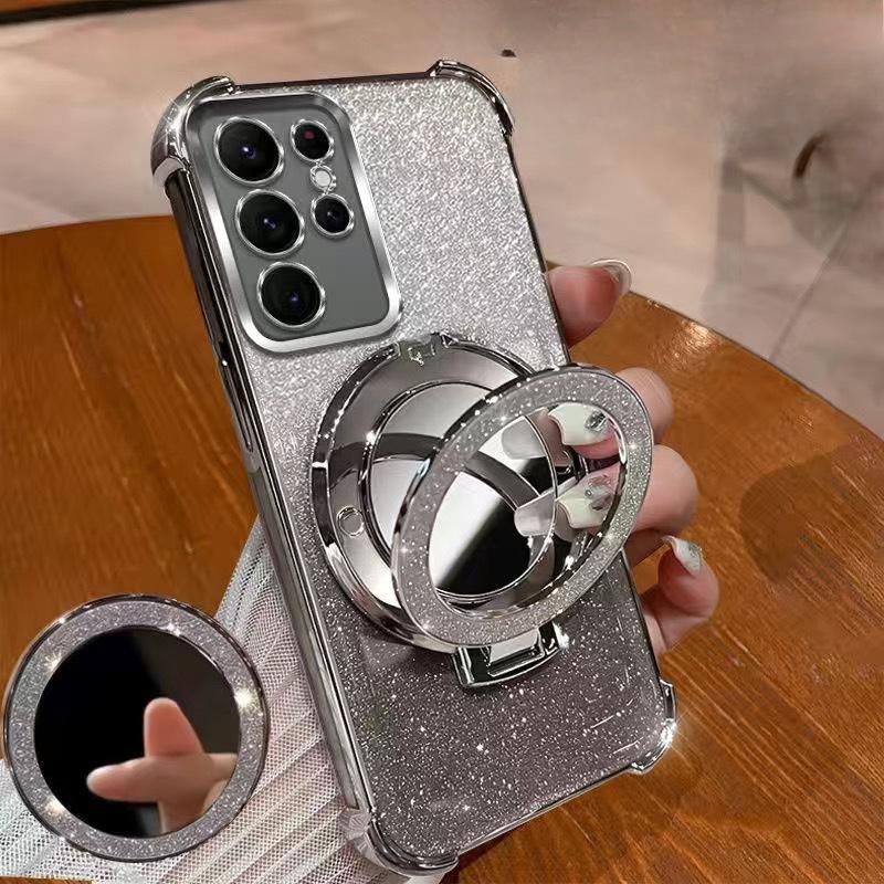 Suitable for Samsung S25EDGE Electroplated Four-corner Soft Case S25ULTRA Glitter Mirror Magnetic Stand Phone Case S24