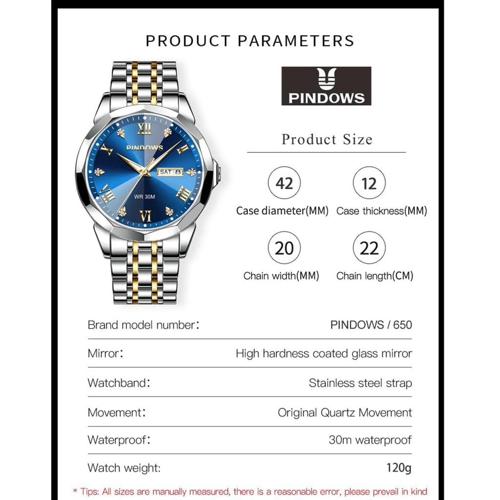 PINDOWS Diamant Business Kleid Analog Quarz Luxus Wasserdicht Leuchtend Datum Edelstahl Klassische Modeuhr Herrenuhr, Anzeige, Zweifarbig