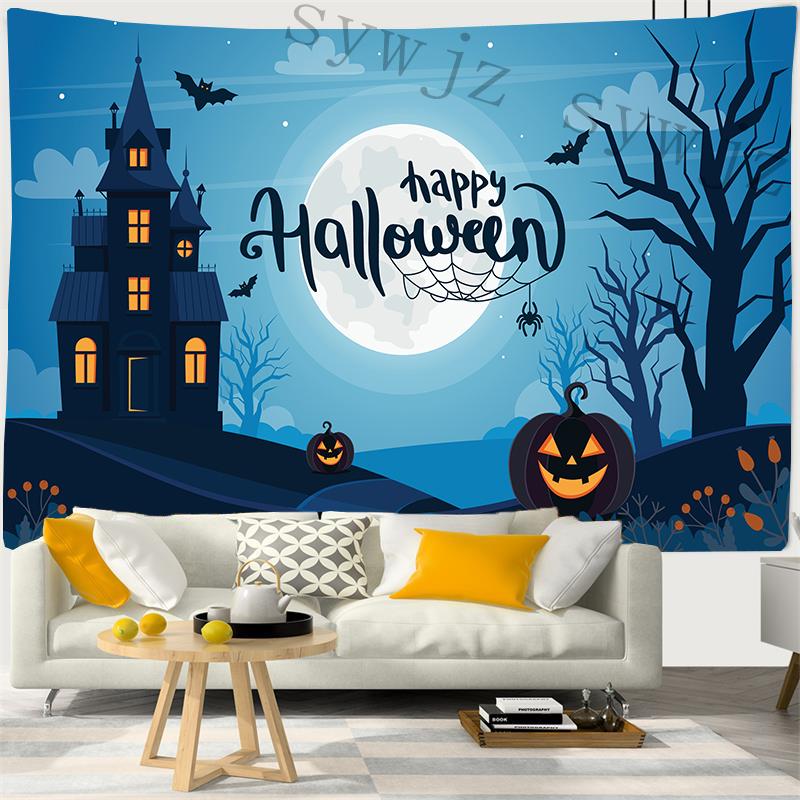 Home Decoration Tapestry Halloween Pumpkin Lantern Wall Hanging Magic Castle Spooky Holiday Party Background