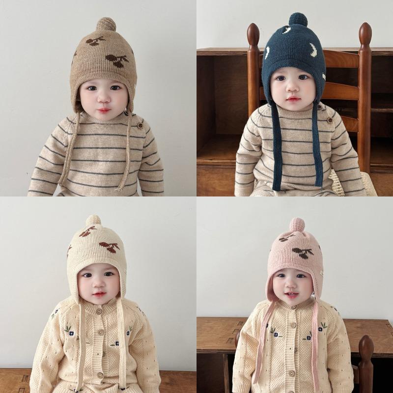 Korean Kids Winter Knit Hat Warm Ear Flap Beanie for Infants Baby Stocking Cap with Ribbed Design Newborn Photography Props