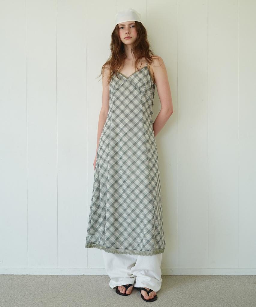Lora Lora Check Sheer Slim Long One Piece Green