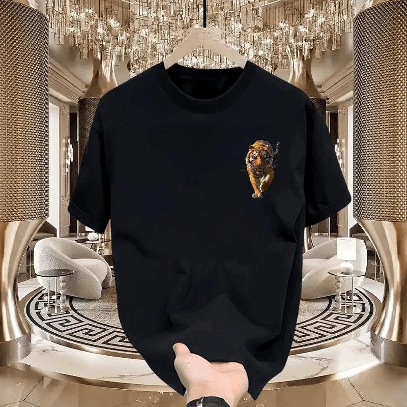 

2025 New Cotton Short-sleeved Crew Neck Trendy T-shirt Summer Men s Solid Color Tiger Print Breathable Versatile Top 4XL