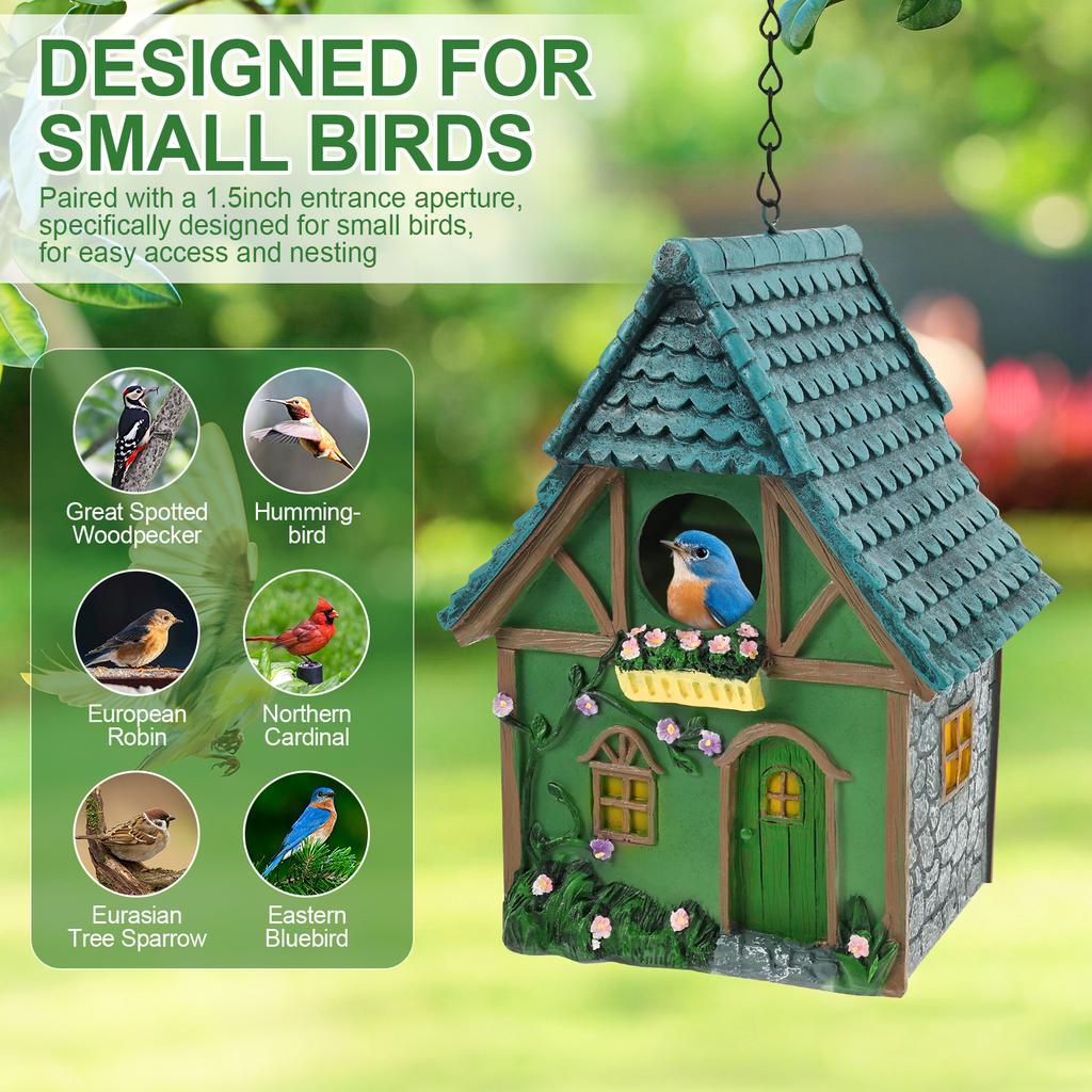 Bird House Resin Hanging Outdoor Bird Box with Chain Hook Weatherproof Finch House Exquisite Garden Decoration for Outdoor Yard