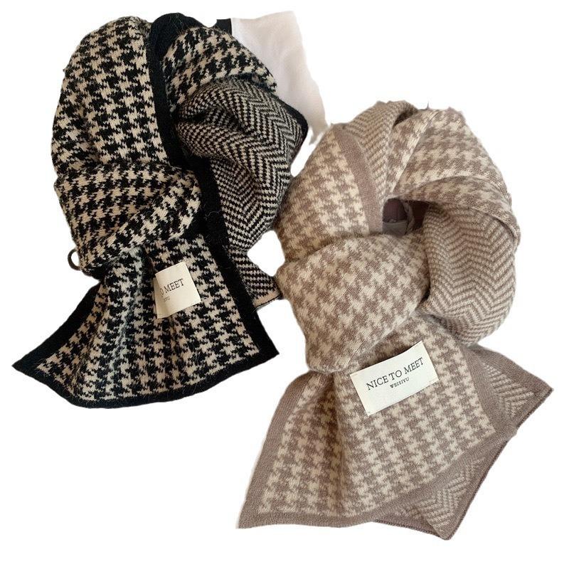 Korean Style Houndstooth Plaid Scarf - Versatile, Warm, Double-Sided for Autumn and Winter