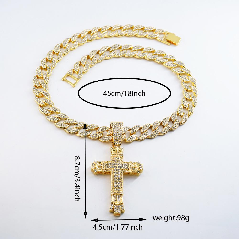 New European and American Style Hip-Hop Cross Pendant with Zircon and Cuban Link Chain Gold Plated Alloy Necklace for Party