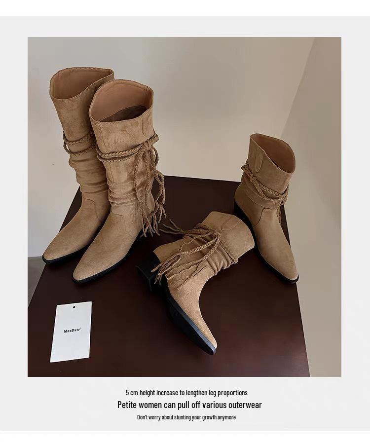 2025 Retro Post-Apocalyptic Tassel Knight Over-the-Knee Chunky Heel Boots for Women