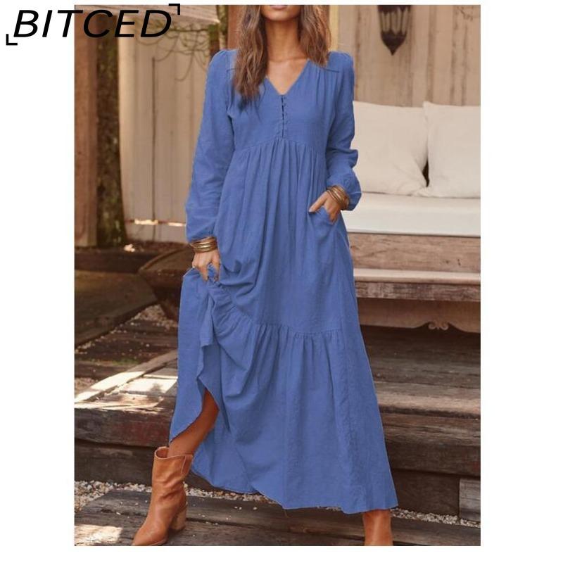 

BITCED Женское хлопковое платье макси с длинным рукавом, карманом с оборкой и V-образным вырезом XXXXXL темно-синий