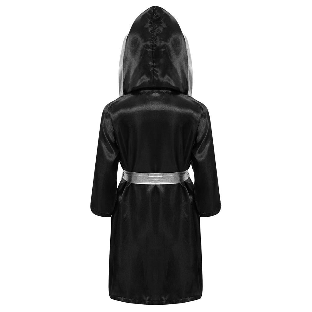 Unisex Çocuk Boks Robası Cadılar Bayramı Cosplay Kostümü Uzun Kollu Önü Açık Metalik Kenarlı Saten Kapüşonlu Pelerin Kemer