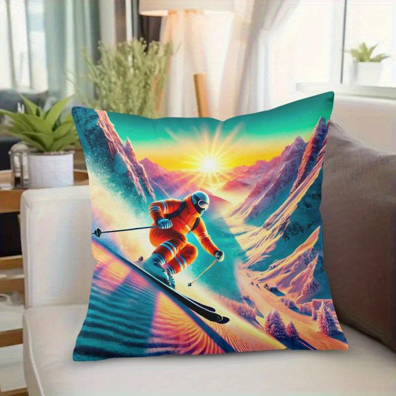 Pillowcase 1Pc, Skier Downhill Slope, Printed Holiday Theme Cushion Cover With Hidden Zipper, Suitable For Sofa, Living Room, Of
