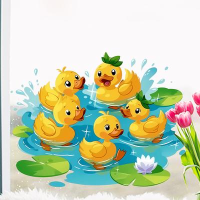 Cartoon Yellow Duck Splashing In Water Bedroom Living Room Balcony Decorative Glass Static Cling Stickers