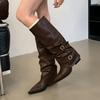 Spitze Schnalle plissierte Stiefel Damen Herbst und Winter neu Punk-Stil Ritterstiefel Fried Street Spice Girl Stiefel Tide