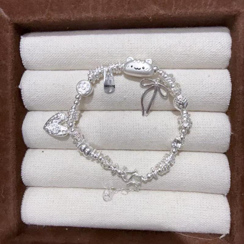 

Sterling Silver Cat & Heart Bracelet with Bowknot, Bead, and Hammered Plate - Attracts Wealth & Fortune - Cute Gift for Girlfriend Beaded