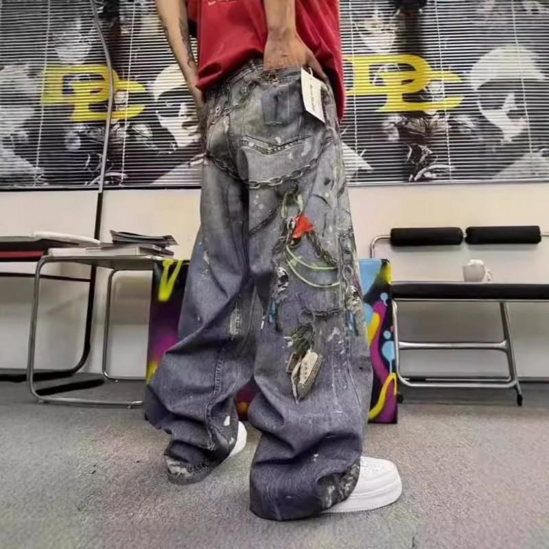 Unisex Vintage Distressed Denim Jeans With 3D Printed Chain Straight Cut Loose Fit Casual Pants