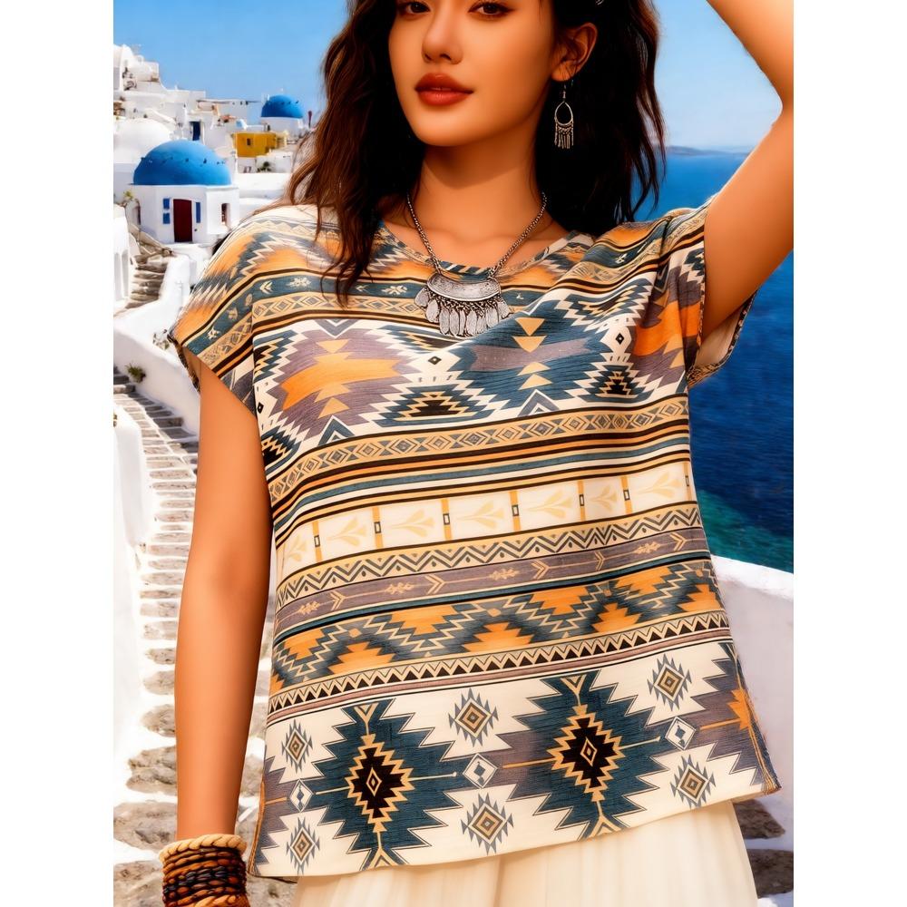 Women s Ethnic Bohemian Print Round Neck Short Sleeve Casual Elegant Daily Simple Vacation Beach Shirt Top T-Shirt S