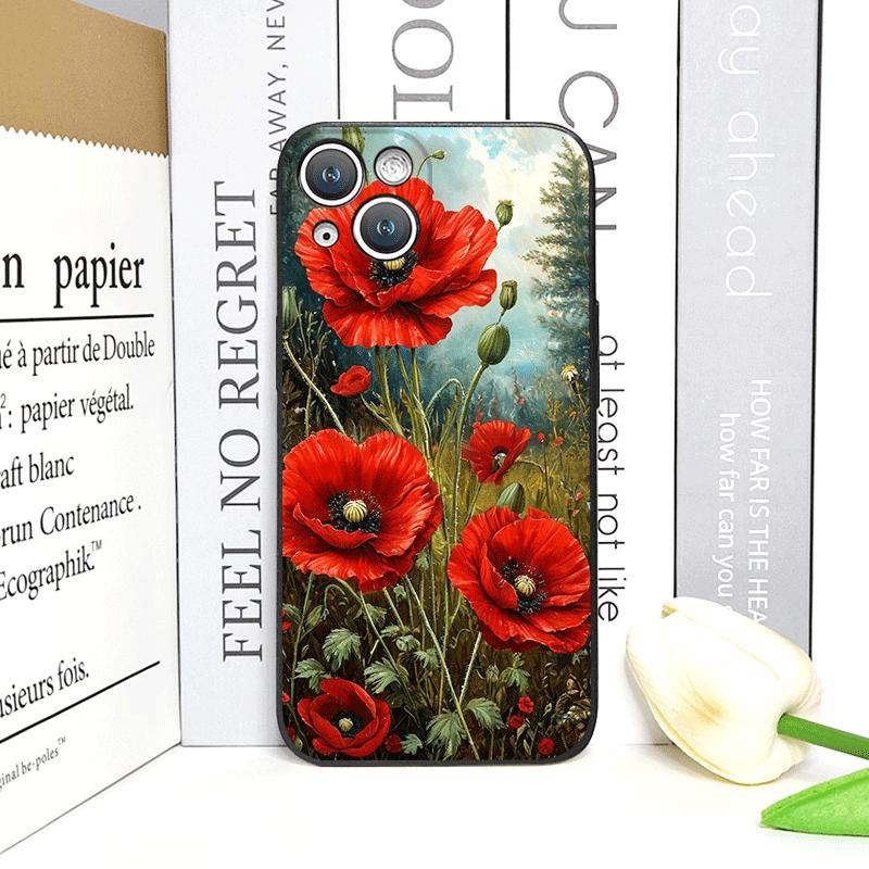 Retro Poppy Flower Bloom Hot Red Printed Phone Case for iPhone 17 16 12 11 14 Plus 13 14 15 Pro Max Mini X XS Floral Soft Cover