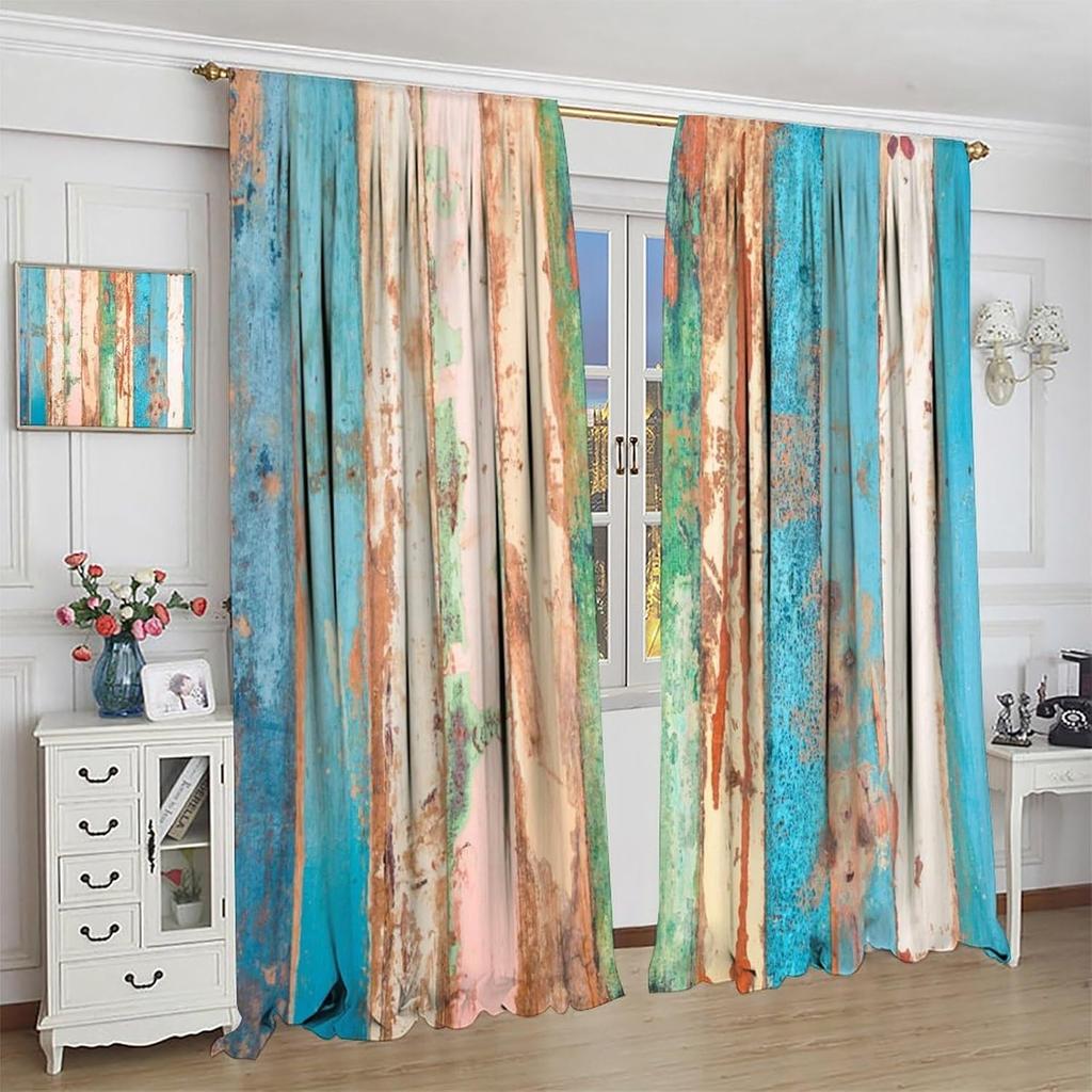 Blue Wood Planks Blackout Curtains  Rustic Cabin Retro Wooden Planks Farmhouse Print Rod Pocket Window Treatments Drapes for Bedr