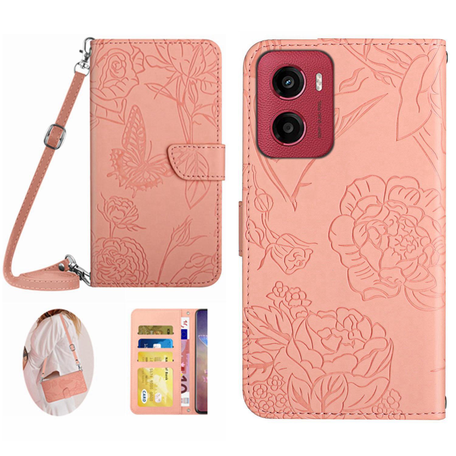 

For Motorola Moto G05 4G Case Butterfly Flower Imprint Leather Phone Cover with Shoulder Strap C