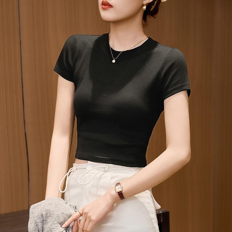 Women's Combed Cotton High-waisted Short T-shirt Summer New Slim Thin Small People with Short-sleeved Tops