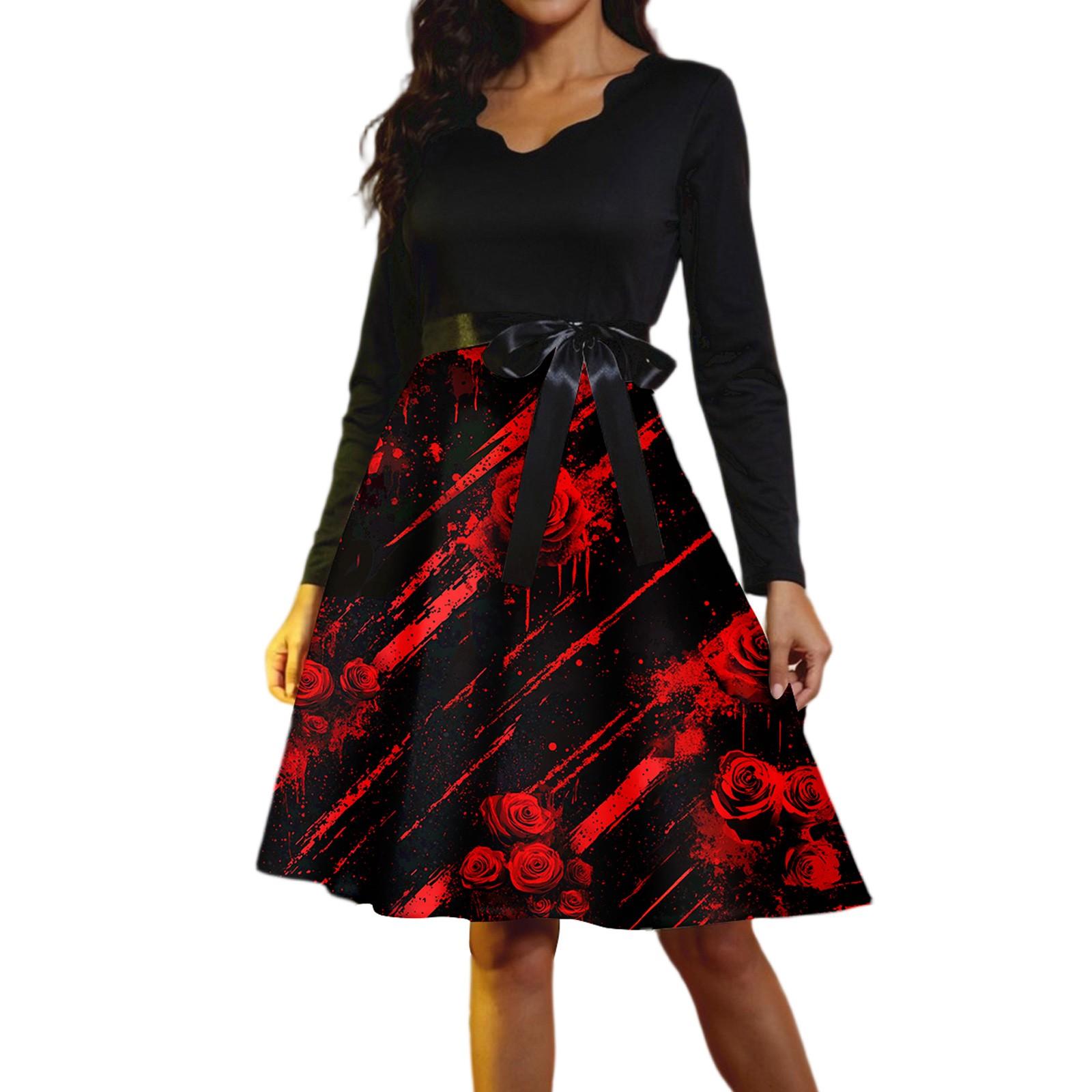 

Женские повседневные модные винтажные длинные платья с длинным рукавом на Хэллоуин и графическим принтом XXL винный